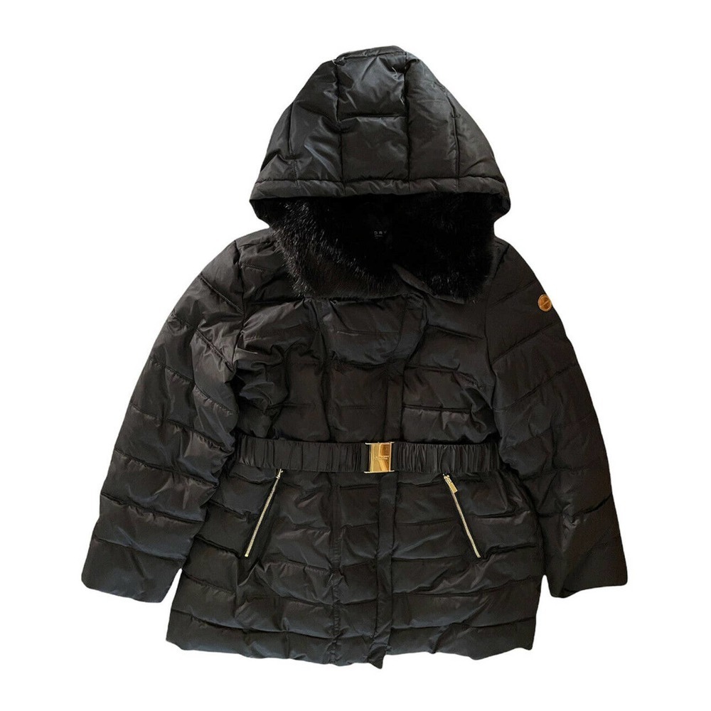 Womens Laundry Shelli Segal Faux Fur Collar Hooded‎ Belted Black Puffer Coat XL
